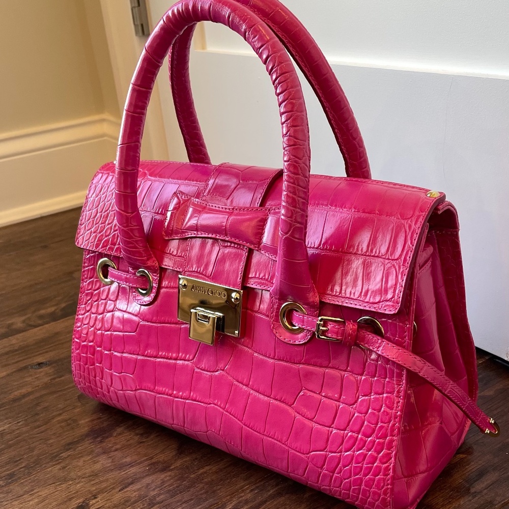 Jimmy Choo Pink Rosalie Handle Crocodile Embossed Leather Bag - Picture 2 of 7